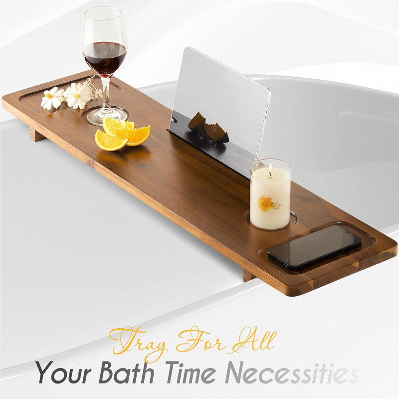 Latitude Run Premium Bathtub Tray Caddy Solid Acacia Wood Bath Tray For Tub Large Bath Table Tray Anti Tipping Sustainable Tub Tray Holder For Tablet With Book And Wine Glass Holder Wayfair